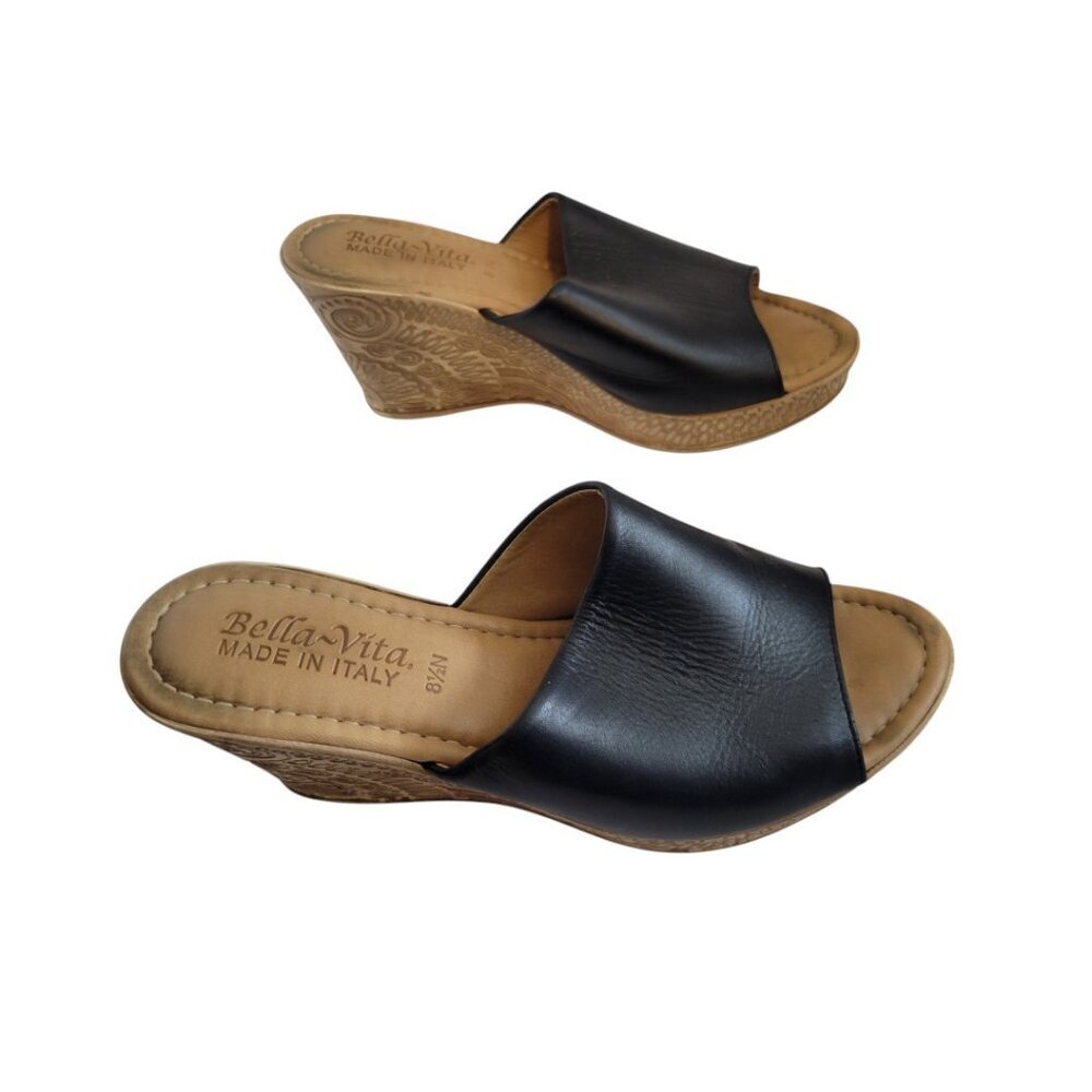 Women's Bella Vita Black Leather Slides Sandals Espadrilles 8.5N Narrow - Picture 3 of 7